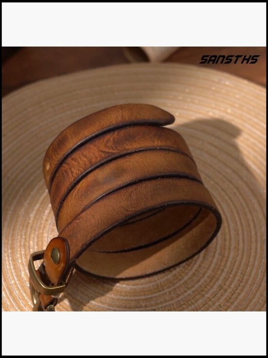 Genuine Leather Belt with Gold Vintage Brass Buckle for Women
